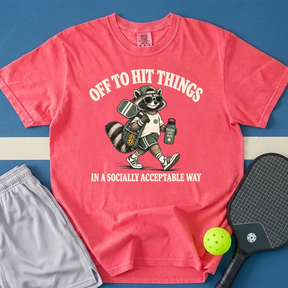 May include Off To Hit Things Raccoon T-Shirt in watermelon t-shirt with Off To Hit Things Raccoon design