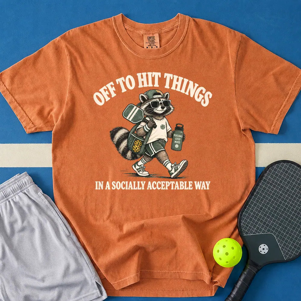 May include Off To Hit Things Raccoon T-Shirt in yam t-shirt with Off To Hit Things Raccoon design
