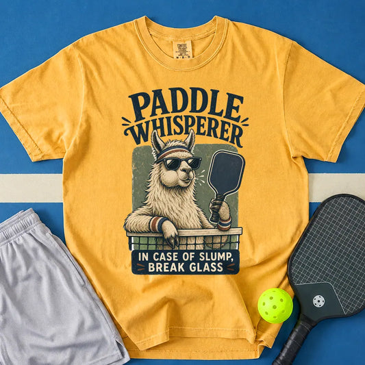 May include Paddle Whisperer T-Shirt in mustard t-shirt with Paddle Whisperer design