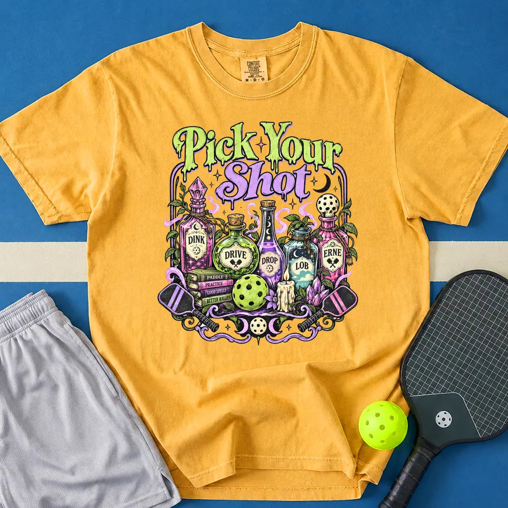 May include Pick Your Shot T-Shirt in mustard t-shirt with Pick Your Shot design