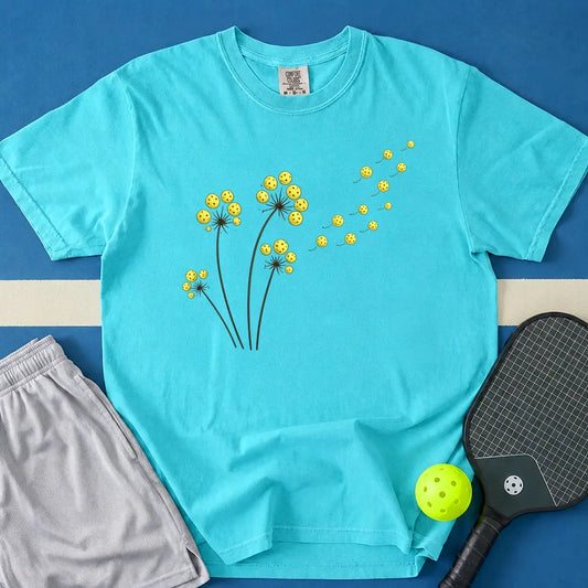 May include Pickleball Dandelions T-Shirt in lagoon t-shirt with Pickleball Dandelions design