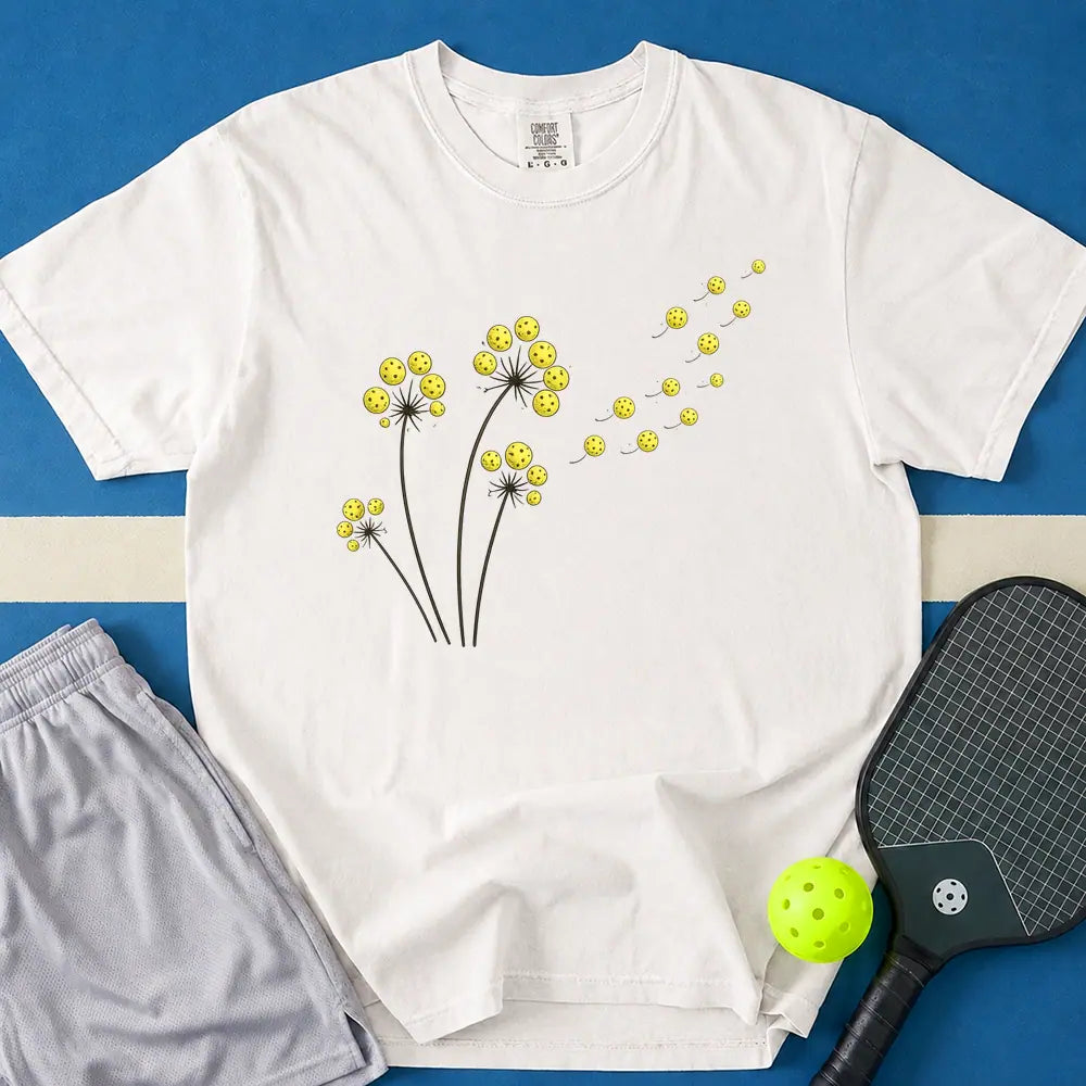 May include Pickleball Dandelions T-Shirt in white t-shirt with Pickleball Dandelions design