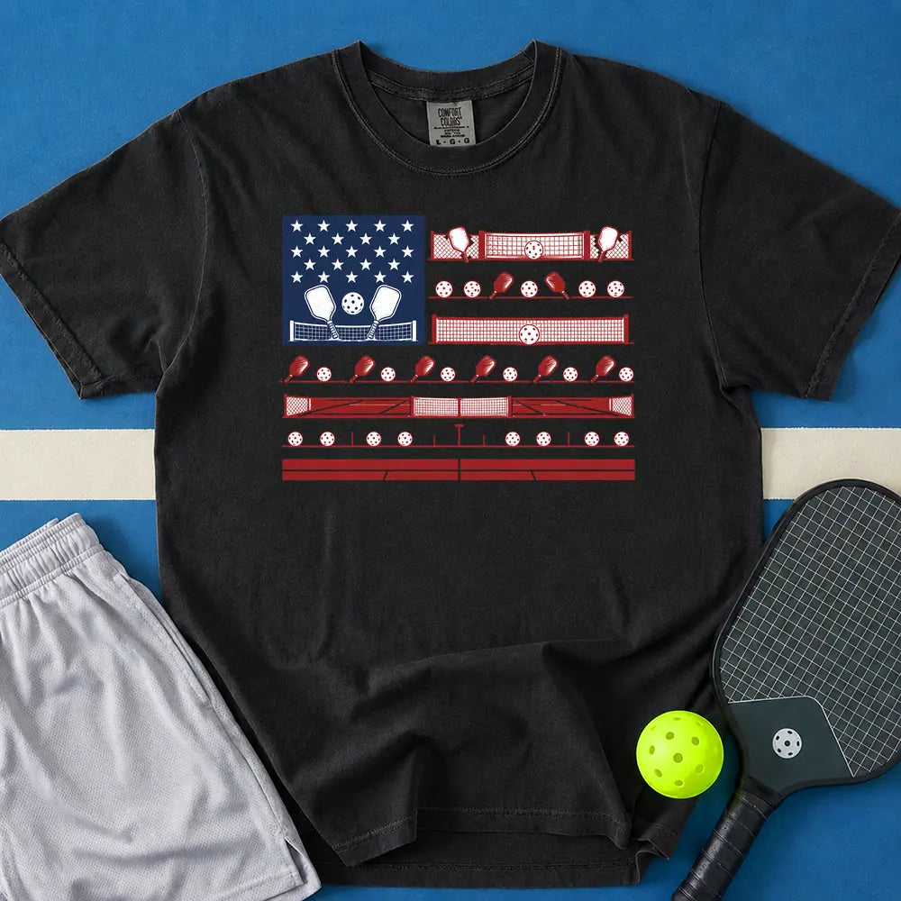 May include Pickleball Flag T-Shirt in black t-shirt with Pickleball Flag design