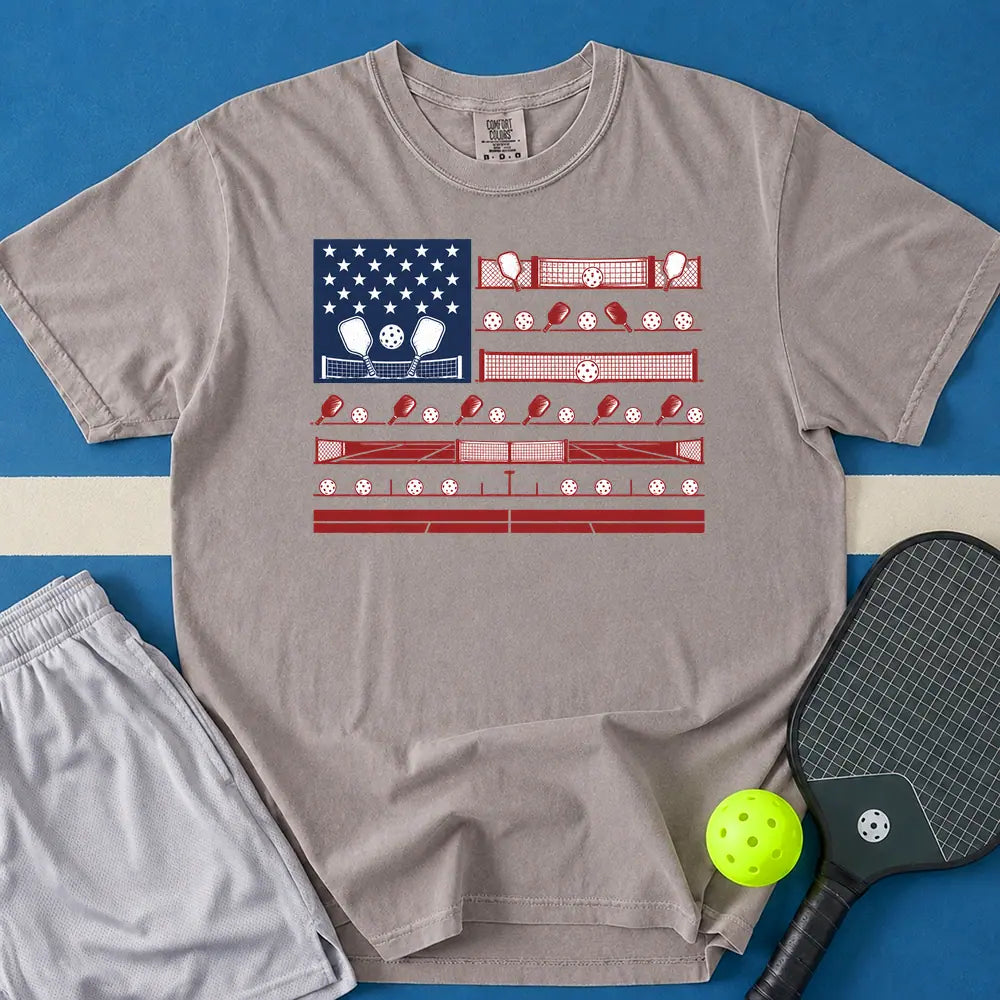 May include Pickleball Flag T-Shirt in gray t-shirt with Pickleball Flag design