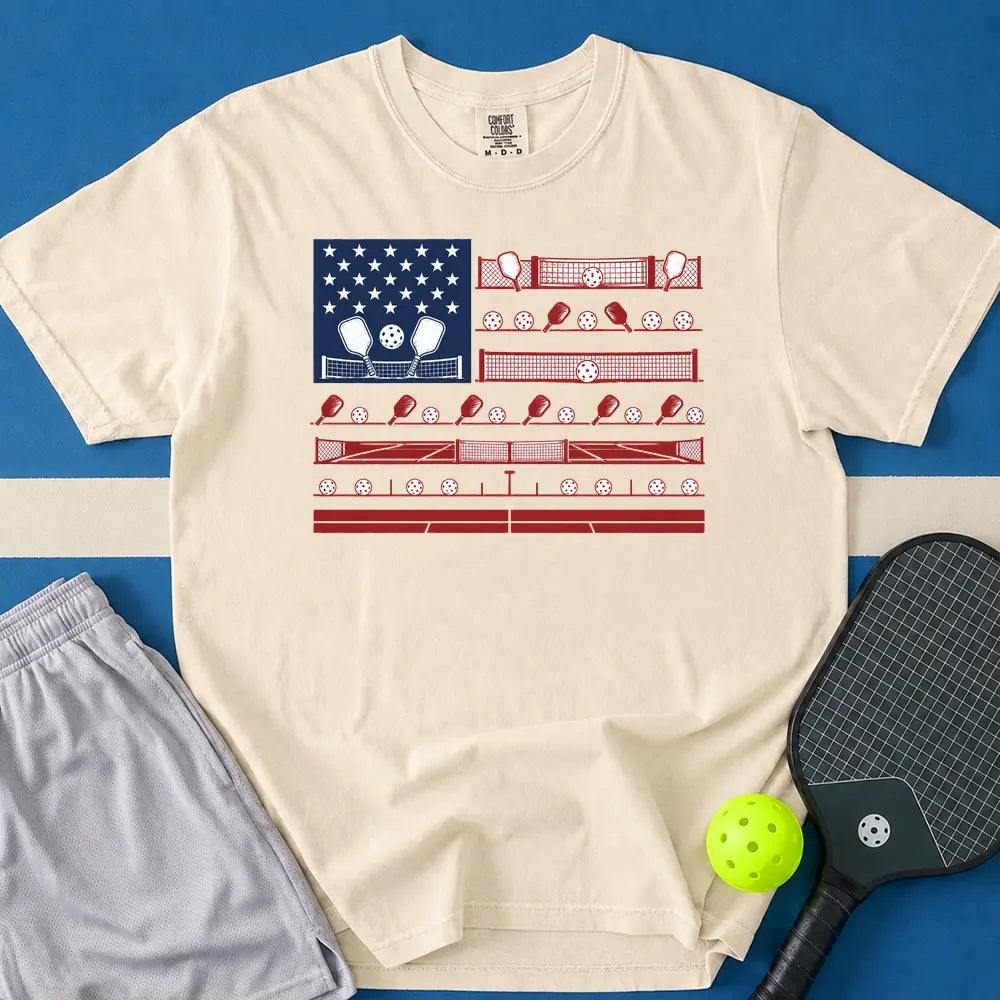 May include Pickleball Flag T-Shirt in ivory t-shirt with Pickleball Flag design