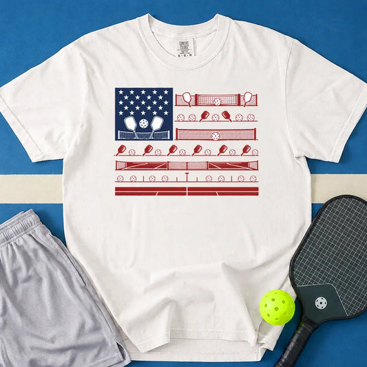 May include Pickleball Flag T-Shirt in white t-shirt with Pickleball Flag design