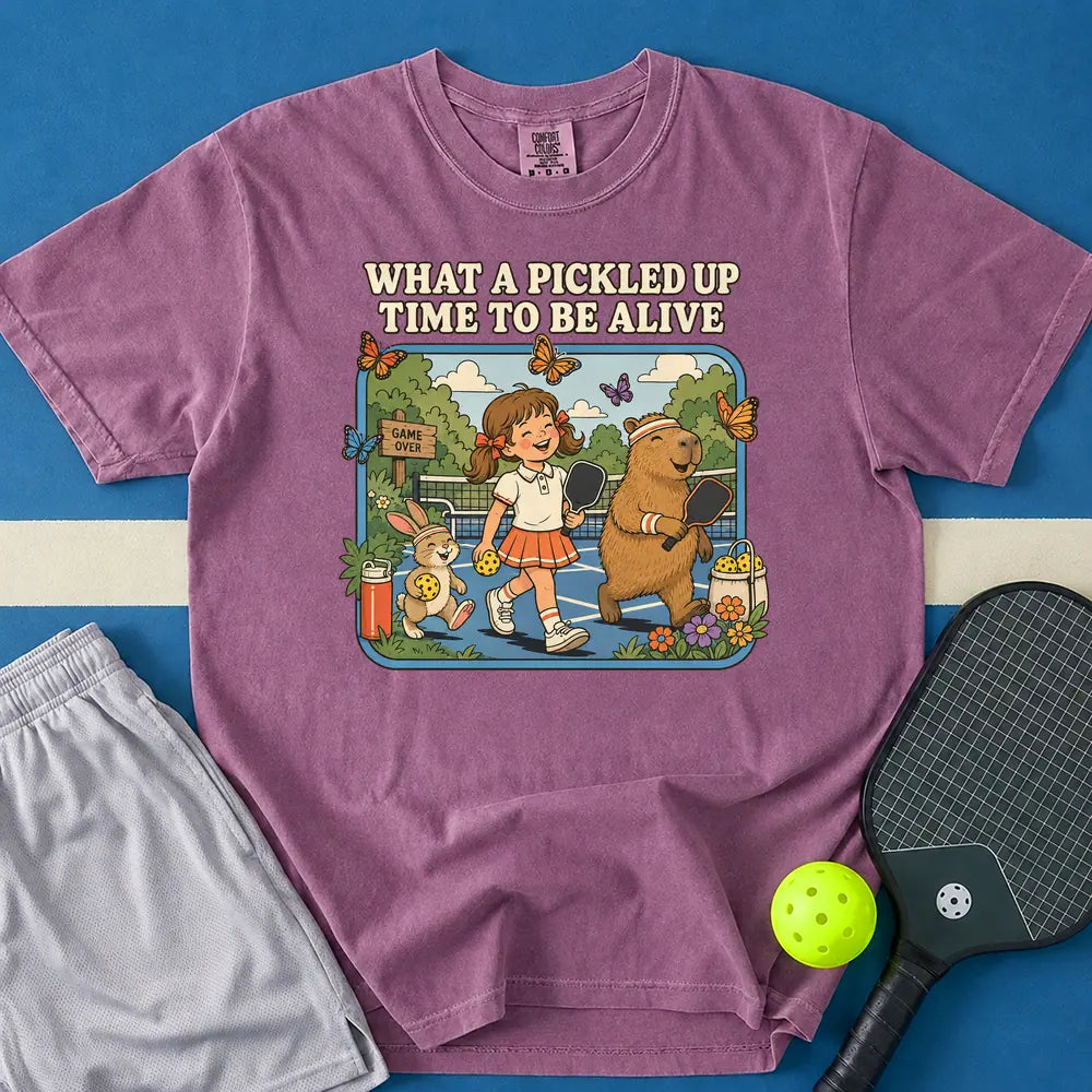 May include Pickled Up Time T-Shirt in berry t-shirt with Pickled Up Time design