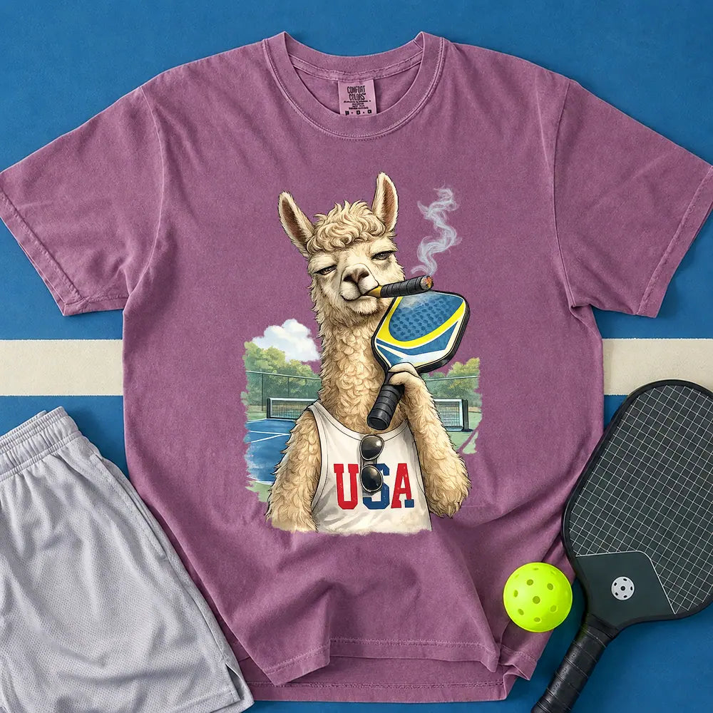 May include Smoking Llama T-Shirt in berry t-shirt with Smoking Llama design